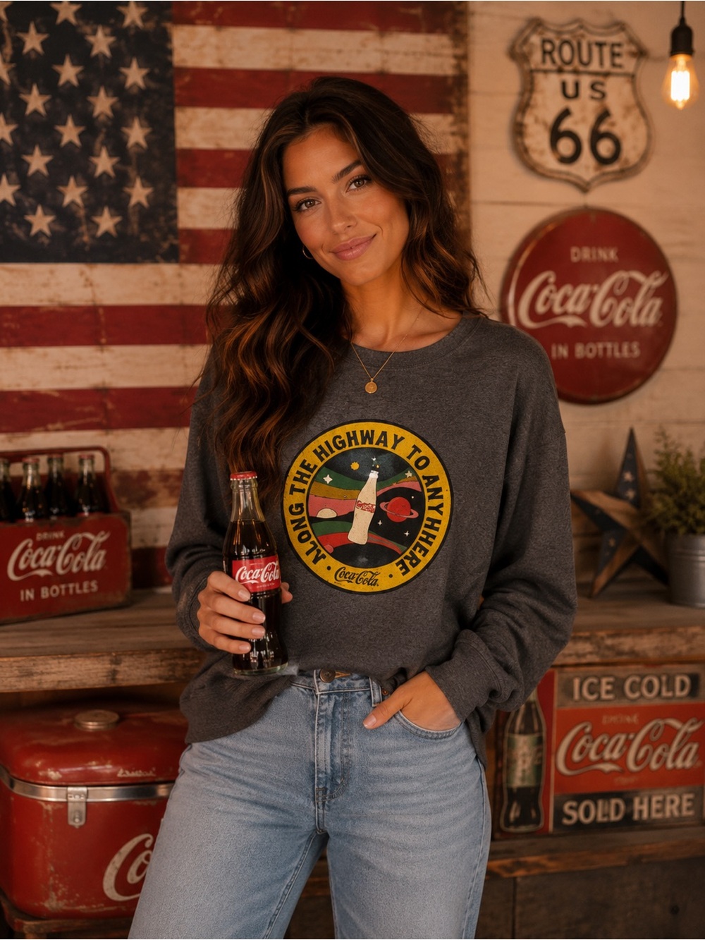 New Coca-Cola Dark Gray Crewneck with Retro Multicolor Logo